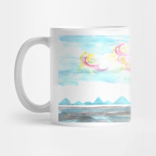 Scenery. Nature. Sun, sky, mountains, water. A calm image for a good mood. Mug